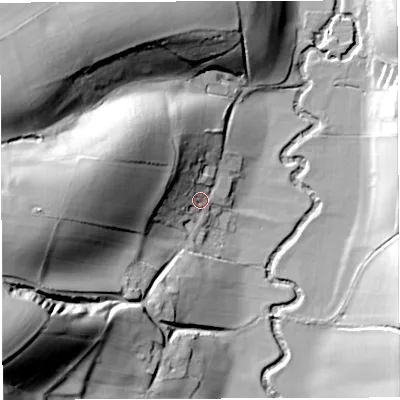 Shaded relief map of the ground around BS312SU, computed from Environment Agency LiDAR. The ground here sits at about 23 m above sea level and falls 56 m across the surrounding 800 m. Surface water reaching this point runs off ground lying to the west-north-west, 32.4 m higher.