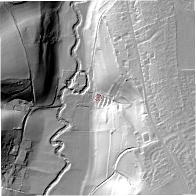 Shaded relief map of the ground around BS312SX, computed from Environment Agency LiDAR. The ground here sits at about 19 m above sea level and falls 56 m across the surrounding 800 m. Surface water reaching this point runs off ground lying to the south-east, 53.0 m higher.