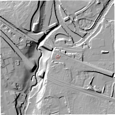 Shaded relief map of the ground around BS312UG, computed from Environment Agency LiDAR. The ground here sits at about 21 m above sea level and falls 22 m across the surrounding 800 m. Surface water reaching this point runs off ground lying to the south-south-west, 2.9 m higher.