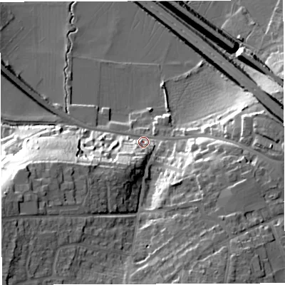Shaded relief map of the ground around BS312WA, computed from Environment Agency LiDAR. The ground here sits at about 16 m above sea level and falls 32 m across the surrounding 800 m. Surface water reaching this point runs off ground lying to the west-south-west, 27.9 m higher.