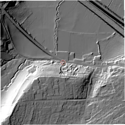 Shaded relief map of the ground around BS312WD, computed from Environment Agency LiDAR. The ground here sits at about 14 m above sea level and falls 42 m across the surrounding 800 m. Surface water reaching this point runs off ground lying to the south-west, 39.2 m higher.