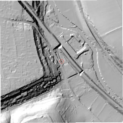 Shaded relief map of the ground around BS313DA, computed from Environment Agency LiDAR. The ground here sits at about 16 m above sea level and falls 56 m across the surrounding 800 m. Surface water reaching this point runs off ground lying to the west-south-west, 40.2 m higher.