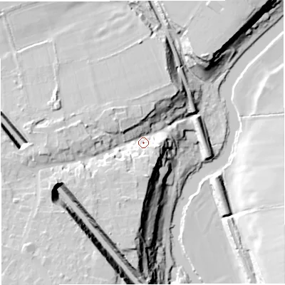 Shaded relief map of the ground around BS313EJ, computed from Environment Agency LiDAR. The ground here sits at about 28 m above sea level and falls 32 m across the surrounding 800 m. Surface water reaching this point runs off ground lying to the south-south-west, 18.7 m higher.