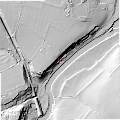 Shaded relief map of the ground around BS313EP, computed from Environment Agency LiDAR. The ground here sits at about 17 m above sea level and falls 24 m across the surrounding 800 m. Surface water reaching this point runs off ground lying to the north-west, 16.8 m higher.