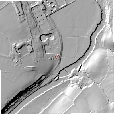 Shaded relief map of the ground around BS313ER, computed from Environment Agency LiDAR. The ground here sits at about 15 m above sea level and falls 24 m across the surrounding 800 m. Surface water reaching this point runs off ground lying to the west-south-west, 16.0 m higher.