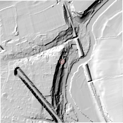 Shaded relief map of the ground around BS313EU, computed from Environment Agency LiDAR. The ground here sits at about 24 m above sea level and falls 34 m across the surrounding 800 m. Surface water reaching this point runs off ground lying to the west-north-west, 12.3 m higher.