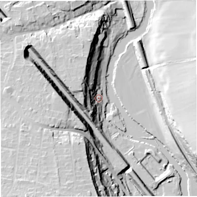 Shaded relief map of the ground around BS313EX, computed from Environment Agency LiDAR. The ground here sits at about 17 m above sea level and falls 43 m across the surrounding 800 m. Surface water reaching this point runs off ground lying to the west-north-west, 24.2 m higher.