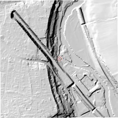 Shaded relief map of the ground around BS313EY, computed from Environment Agency LiDAR. The ground here sits at about 15 m above sea level and falls 49 m across the surrounding 800 m. Surface water reaching this point runs off ground lying to the west-north-west, 12.0 m higher.
