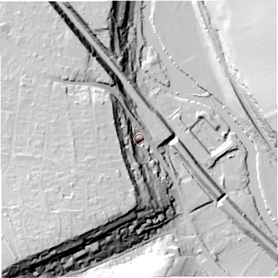 Shaded relief map of the ground around BS313JL, computed from Environment Agency LiDAR. The ground here sits at about 26 m above sea level and falls 56 m across the surrounding 800 m. Surface water reaching this point runs off ground lying to the south-west, 42.3 m higher.