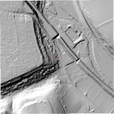 Shaded relief map of the ground around BS313JN, computed from Environment Agency LiDAR. The ground here sits at about 20 m above sea level and falls 61 m across the surrounding 800 m. Surface water reaching this point runs off ground lying to the west-south-west, 40.7 m higher.