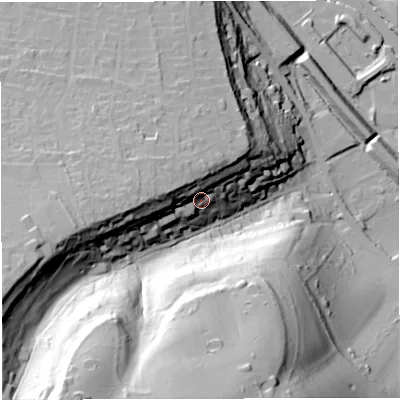 Shaded relief map of the ground around BS313JP, computed from Environment Agency LiDAR. The ground here sits at about 43 m above sea level and falls 72 m across the surrounding 800 m. Surface water reaching this point runs off ground lying to the west-north-west, 20.7 m higher.