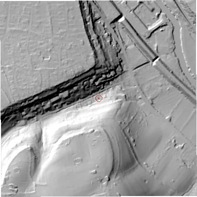 Shaded relief map of the ground around BS313JR, computed from Environment Agency LiDAR. The ground here sits at about 25 m above sea level and falls 74 m across the surrounding 800 m. Surface water reaching this point runs off ground lying to the south-south-west, 63.3 m higher.