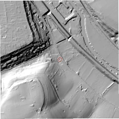 Shaded relief map of the ground around BS313JU, computed from Environment Agency LiDAR. The ground here sits at about 17 m above sea level and falls 74 m across the surrounding 800 m. Surface water reaching this point runs off ground lying to the south-south-west, 68.1 m higher.