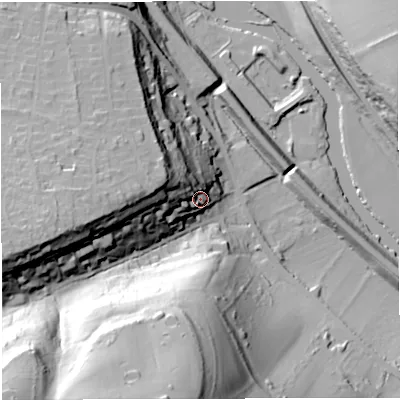 Shaded relief map of the ground around BS313JW, computed from Environment Agency LiDAR. The ground here sits at about 29 m above sea level and falls 69 m across the surrounding 800 m. Surface water reaching this point runs off ground lying to the west-north-west, 29.6 m higher.