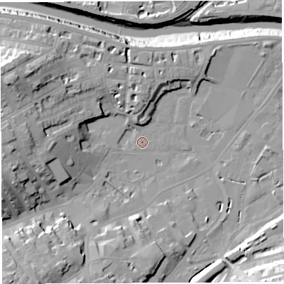 Shaded relief map of the ground around BS31AE, computed from Environment Agency LiDAR. The ground here sits at about 8 m above sea level and falls 33 m across the surrounding 800 m. Surface water reaching this point runs off ground lying to the south-west, 19.9 m higher.