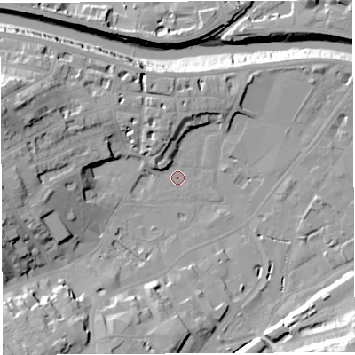 Shaded relief map of the ground around BS31AG, computed from Environment Agency LiDAR. The ground here sits at about 8 m above sea level and falls 31 m across the surrounding 800 m. Surface water reaching this point runs off ground lying to the west-south-west, 18.0 m higher.