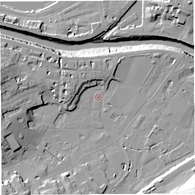 Shaded relief map of the ground around BS31AH, computed from Environment Agency LiDAR. The ground here sits at about 8 m above sea level and falls 32 m across the surrounding 800 m. Surface water reaching this point runs off ground lying to the west, 17.4 m higher.