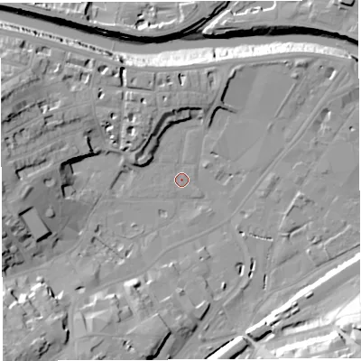 Shaded relief map of the ground around BS31AJ, computed from Environment Agency LiDAR. The ground here sits at about 8 m above sea level and falls 34 m across the surrounding 800 m. Surface water reaching this point runs off ground lying to the south-south-west, 12.3 m higher.