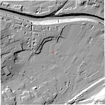 Shaded relief map of the ground around BS31AL, computed from Environment Agency LiDAR. The ground here sits at about 8 m above sea level and falls 34 m across the surrounding 800 m. Surface water reaching this point runs off ground lying to the south-south-west, 11.4 m higher.