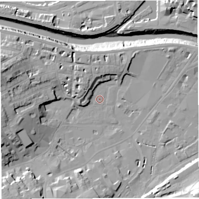 Shaded relief map of the ground around BS31AQ, computed from Environment Agency LiDAR. The ground here sits at about 8 m above sea level and falls 29 m across the surrounding 800 m. Surface water reaching this point runs off ground lying to the west-north-west, 21.0 m higher.