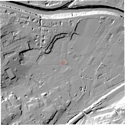 Shaded relief map of the ground around BS31BA, computed from Environment Agency LiDAR. The ground here sits at about 8 m above sea level and falls 38 m across the surrounding 800 m. Surface water reaching this point runs off ground lying to the south-south-west, 12.6 m higher.