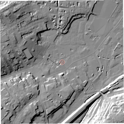 Shaded relief map of the ground around BS31BE, computed from Environment Agency LiDAR. The ground here sits at about 9 m above sea level and falls 34 m across the surrounding 800 m. Surface water reaching this point runs off ground lying to the south-east, 33.6 m higher.