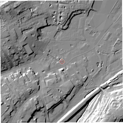 Shaded relief map of the ground around BS31BQ, computed from Environment Agency LiDAR. The ground here sits at about 10 m above sea level and falls 34 m across the surrounding 800 m. Surface water reaching this point runs off ground lying to the south-south-west, 10.6 m higher.