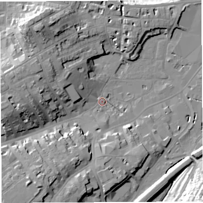 Shaded relief map of the ground around BS31BS, computed from Environment Agency LiDAR. The ground here sits at about 9 m above sea level and falls 35 m across the surrounding 800 m. Surface water reaching this point runs off ground lying to the west, 20.2 m higher.