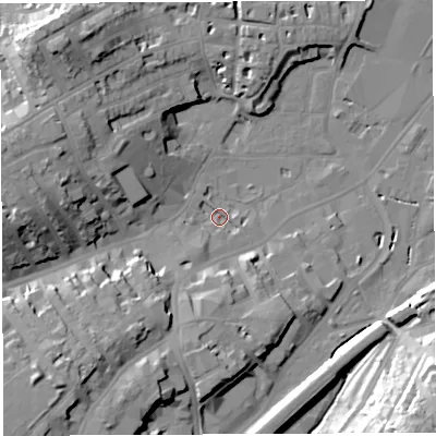 Shaded relief map of the ground around BS31BU, computed from Environment Agency LiDAR. The ground here sits at about 8 m above sea level and falls 34 m across the surrounding 800 m. Surface water reaching this point runs off ground lying to the south-east, 33.8 m higher.