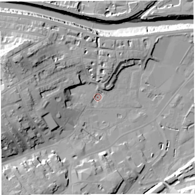 Shaded relief map of the ground around BS31DB, computed from Environment Agency LiDAR. The ground here sits at about 8 m above sea level and falls 28 m across the surrounding 800 m. Surface water reaching this point runs off ground lying to the west-north-west, 21.9 m higher.