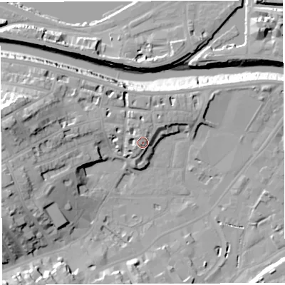 Shaded relief map of the ground around BS31DH, computed from Environment Agency LiDAR. The ground here sits at about 14 m above sea level and falls 28 m across the surrounding 800 m. Surface water reaching this point runs off ground lying to the north-north-west, 4.5 m higher.