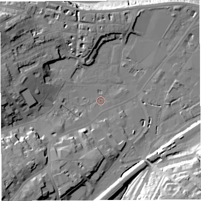Shaded relief map of the ground around BS31FJ, computed from Environment Agency LiDAR. The ground here sits at about 8 m above sea level and falls 40 m across the surrounding 800 m. Surface water reaching this point runs off ground lying to the south-south-west, 12.6 m higher.