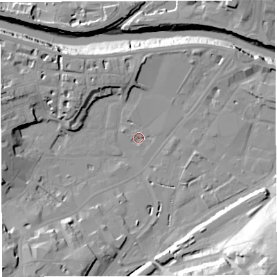 Shaded relief map of the ground around BS31FP, computed from Environment Agency LiDAR. The ground here sits at about 7 m above sea level and falls 40 m across the surrounding 800 m. Surface water reaching this point runs off ground lying to the south-west, 12.3 m higher.