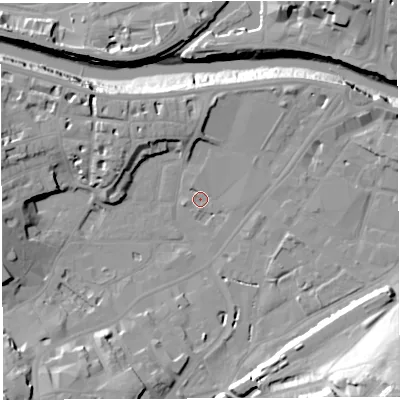 Shaded relief map of the ground around BS31FQ, computed from Environment Agency LiDAR. The ground here sits at about 8 m above sea level and falls 40 m across the surrounding 800 m. Surface water reaching this point runs off ground lying to the south-west, 11.5 m higher.