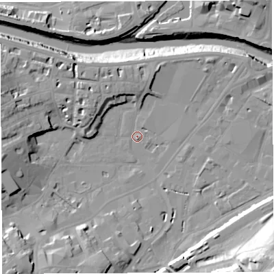 Shaded relief map of the ground around BS31FR, computed from Environment Agency LiDAR. The ground here sits at about 9 m above sea level and falls 38 m across the surrounding 800 m. Surface water reaching this point runs off ground lying to the south-south-west, 11.5 m higher.
