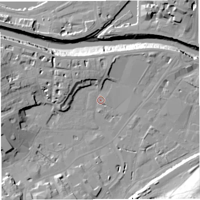 Shaded relief map of the ground around BS31FS, computed from Environment Agency LiDAR. The ground here sits at about 8 m above sea level and falls 35 m across the surrounding 800 m. Surface water reaching this point runs off ground lying to the south-south-west, 11.1 m higher.