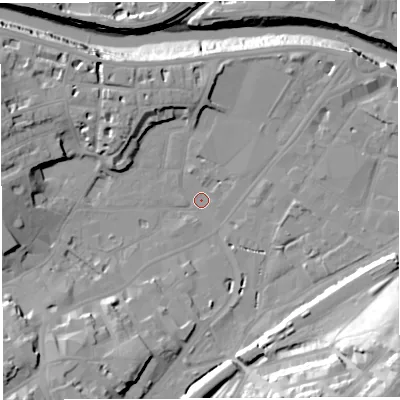 Shaded relief map of the ground around BS31FT, computed from Environment Agency LiDAR. The ground here sits at about 8 m above sea level and falls 40 m across the surrounding 800 m. Surface water reaching this point runs off ground lying to the south-west, 12.6 m higher.