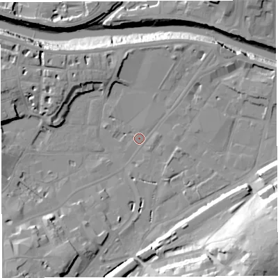 Shaded relief map of the ground around BS31FU, computed from Environment Agency LiDAR. The ground here sits at about 8 m above sea level and falls 40 m across the surrounding 800 m. Surface water reaching this point runs off ground lying to the south-south-east, 28.4 m higher.