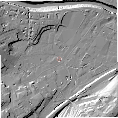Shaded relief map of the ground around BS31FW, computed from Environment Agency LiDAR. The ground here sits at about 8 m above sea level and falls 41 m across the surrounding 800 m. Surface water reaching this point runs off ground lying to the south-east, 34.1 m higher.