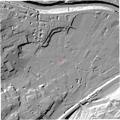 Shaded relief map of the ground around BS31FX, computed from Environment Agency LiDAR. The ground here sits at about 8 m above sea level and falls 40 m across the surrounding 800 m. Surface water reaching this point runs off ground lying to the south-south-west, 12.6 m higher.