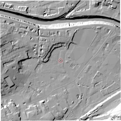 Shaded relief map of the ground around BS31GB, computed from Environment Agency LiDAR. The ground here sits at about 8 m above sea level and falls 34 m across the surrounding 800 m. Surface water reaching this point runs off ground lying to the south-south-west, 11.4 m higher.