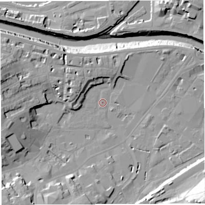 Shaded relief map of the ground around BS31GD, computed from Environment Agency LiDAR. The ground here sits at about 8 m above sea level and falls 34 m across the surrounding 800 m. Surface water reaching this point runs off ground lying to the south-west, 14.8 m higher.