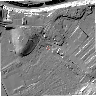 Shaded relief map of the ground around BS31JS, computed from Environment Agency LiDAR. The ground here sits at about 7 m above sea level and falls 26 m across the surrounding 800 m. Surface water reaching this point runs off ground lying to the east-south-east, 13.9 m higher.