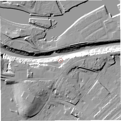 Shaded relief map of the ground around BS31RP, computed from Environment Agency LiDAR. The ground here sits at about 11 m above sea level and falls 19 m across the surrounding 800 m. Surface water reaching this point runs off ground lying to the south-west, 12.8 m higher.