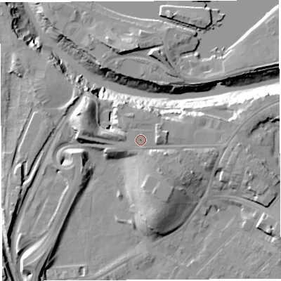 Shaded relief map of the ground around BS31RX, computed from Environment Agency LiDAR. The ground here sits at about 14 m above sea level and falls 19 m across the surrounding 800 m. Surface water reaching this point runs off ground lying to the east-south-east, 2.9 m higher.
