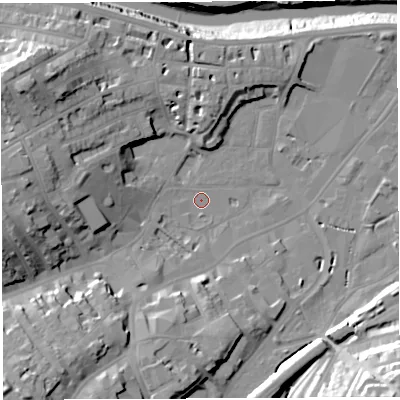 Shaded relief map of the ground around BS31XD, computed from Environment Agency LiDAR. The ground here sits at about 8 m above sea level and falls 35 m across the surrounding 800 m. Surface water reaching this point runs off ground lying to the south-south-west, 12.6 m higher.
