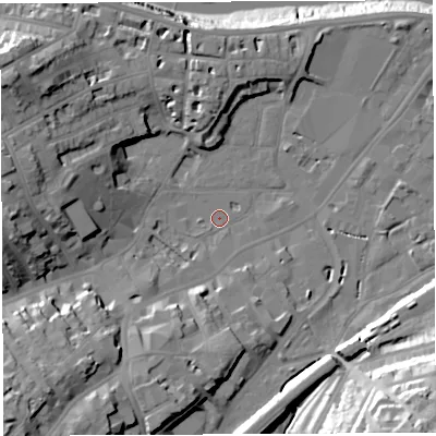 Shaded relief map of the ground around BS31XF, computed from Environment Agency LiDAR. The ground here sits at about 8 m above sea level and falls 38 m across the surrounding 800 m. Surface water reaching this point runs off ground lying to the south-south-west, 12.6 m higher.