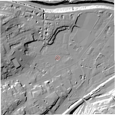 Shaded relief map of the ground around BS31XG, computed from Environment Agency LiDAR. The ground here sits at about 8 m above sea level and falls 38 m across the surrounding 800 m. Surface water reaching this point runs off ground lying to the south-south-west, 12.6 m higher.