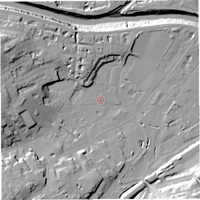 Shaded relief map of the ground around BS31XH, computed from Environment Agency LiDAR. The ground here sits at about 8 m above sea level and falls 35 m across the surrounding 800 m. Surface water reaching this point runs off ground lying to the south-south-west, 12.6 m higher.