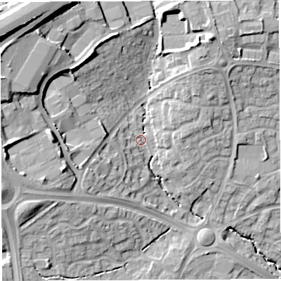 Shaded relief map of the ground around BS320AP, computed from Environment Agency LiDAR. The ground here sits at about 67 m above sea level and falls 31 m across the surrounding 800 m. Surface water reaching this point runs off ground lying to the west-north-west, 17.1 m higher.